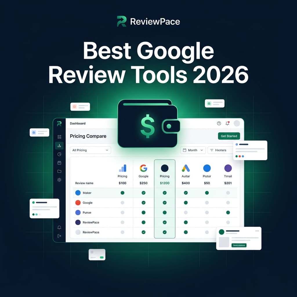 Comparison dashboard showing Google Business review management tools and pricing in 2026